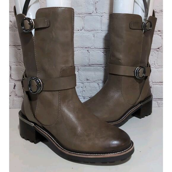Vince Camuto Kerivini Leather Moto Boot Taupe Brown Woman's 8 EUC $149 Retail - Picture 1 of 15
